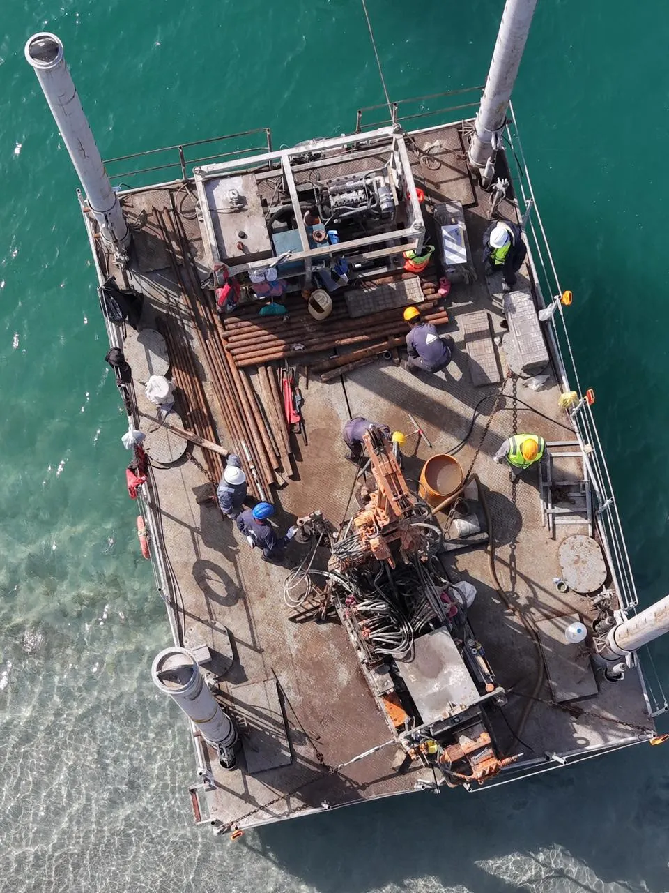 Overhead view of drilling equipment on a barge